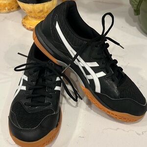 ASICS Black and White Athletic Shoes with Orange Soles